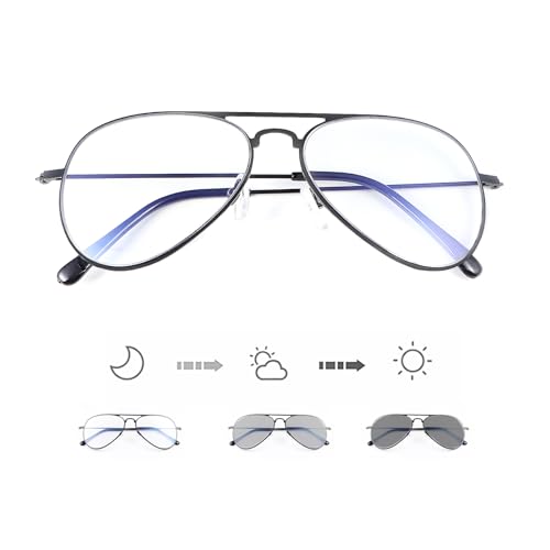 Image of Aviator Blue Light Blocking Glasses Photochromic Transition Sunglasses Retro UV Protection Spring Hinge Computer Eyewear for Men Women Anti Glare Smart Tint Anti Eyestrain Gaming Eyeglasses