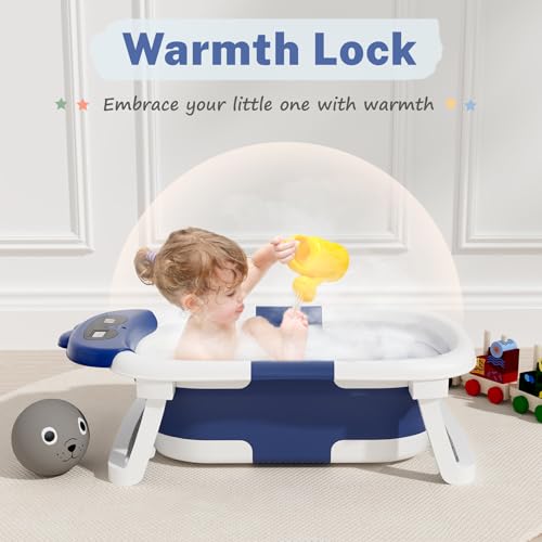Image of AVIDOR Baby Bathtub,Collapsible Bathtub for Newborn to Toddler,Durable Essential Infant Bath Tub,Portable Travel Baby Tub with Soft Bath Net,No-Slip Feet and Dinosaur Shaped (Navy Blue)