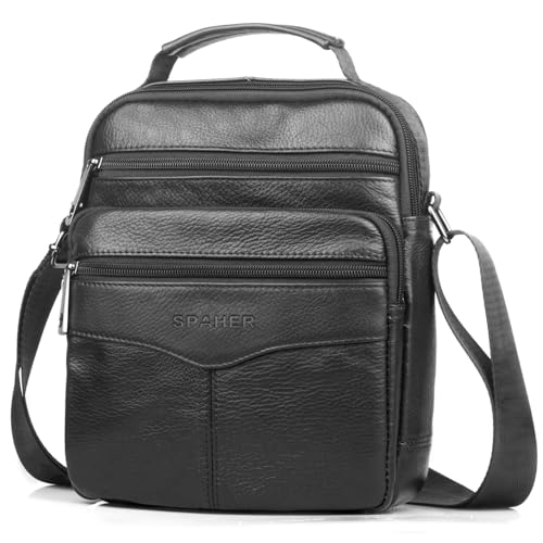 SPAHER Bandolera de Cuero Genuino - Bolso Mensajero Grande de Piel para Hombre Negro SPAHER Bandolera de Cuero Genuino - Bolso Mensajero Grande de Piel para Hombre Negro
