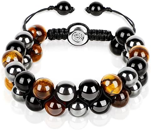 Triple Protection Bracelet, Bracelet for Men Women Tiger Eye Beads Hematite Obsidian Natural Stone Black 10mm Blue Healing Bracelet Good Luck Prosperity Happiness Father's Day Gift