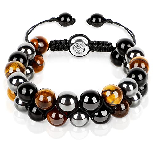 Triple Protection Bracelet, Bracelet For Men Women Tiger Eye Beads Hematite Obsidian Natural Stone Black 10Mm Blue Healing Bracelet Good Luck Prosperity Happiness Father's Day Gift #TOP30