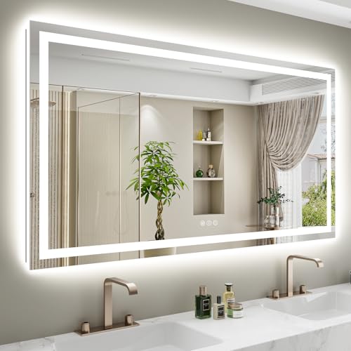 Image of 60x38 Inch LED Bathroom Mirror with Lights Front and Backlit Lighted Vanity Mirror for Bathroom Wall with 3 Colors Dimmable Anti-Fog Memory Shatter-Proof IP54 Waterproof Horizontal /Vertical