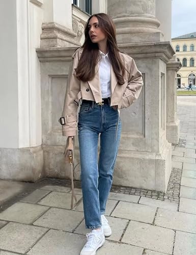 Faleave Womens Cropped Jacket Long Sleeve Belted Trench Coat Solid Color - Image 5