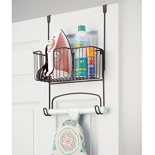 image for mDesign Steel Metal Over Door Ironing Board Holder with Large Storage 
