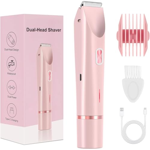 Afeitadora eléctrica de doble cabeza para mujer, recortadora de bikini 2 en 1 para mujer, impermeable, recargable, recortadora de pelo corporal, uso húmedo y seco (rosa)