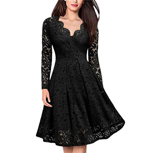 Mini robe sexy en dentelle noire Adhdyuud à manches longues et col en V pour femme en taille S