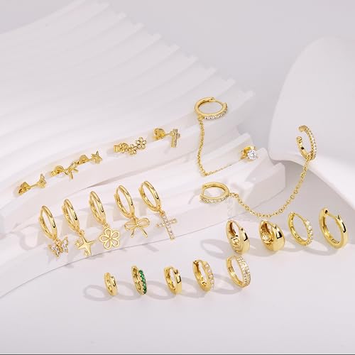 Image of Small Gold Huggie Hoop Earrings Set for Women Men Hypoallergenic 14K Plated Stack Cartilage Earrings, Sterling Silver Multiple Piercing Lightweight Mini Thin Cute Dainty Trendy Jewelry Gifts for Women