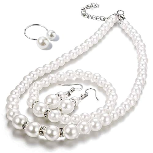 4 Pcs Pearl Jewelry Set 1920s Costume Jewelry Necklaces Pearl Hoop Earring Bracelet Ring for Women Wedding Jewelry Sets