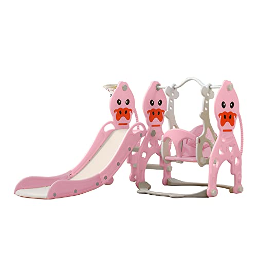 Image of 4 in 1 Toddler Swing and Slide Set with Music Player, Safety Belt, Basketball Hoop, Extra Long Slide - Indoor and Outdoor Play Climber for Toddlers (Pink Duck)