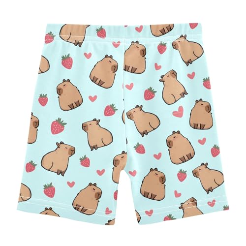 Cute Capybara with Strawberry Hearts Blue Girls Shorts Elastic Waist Sports Shorts Girls Leggings Pants for 4-10 Years2