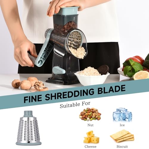 Image of Rotary Cheese Grater with Handle Kitchen Shredder Slicer Grater Slicer Ice Shaver Cheese Vegetable Nuts Potato Zucchini Chocolate 3 Interchangeable Blades (GreyBlue)