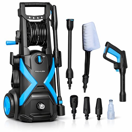 Pro-Kleen Pressure Washer Electric, Power Jet Wash Portable Washers, 165 Bar Max, 2200W with Gun, Turbo Nozzle, Brush & 8M Hose On Reel, Cars, Vehicles, Decking, Patio