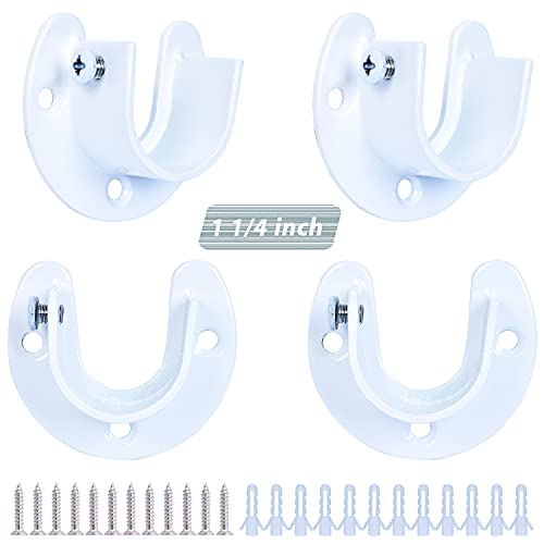 COTTAGE LIFE Closet Rod Brackets Heavy Duty White Closet Pole Bracket Stainless Steel Closet Pole Holder U Shape Shower Rod Holder 1 1/4inch Curtain Rod Bracket 4Pcs Closet Rod Holder with Screws