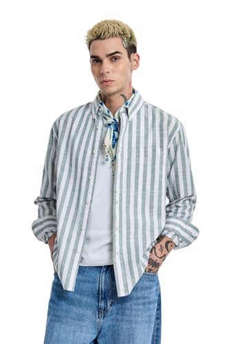 Image of SNITCH Men Casual Shirt | Regular Fit Long Sleeve Button-Down Collar Striped Pattern | 100% Cotton Breathable Fabric Smart Casual Summer Styling