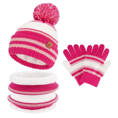 Image of Kids Toddlers Winter Hats Knit Warm Beanie Scarf Gloves Set for Boys Girls Age 2-7, Pompom Cap Neck Warmer Fleece Lined Gifts