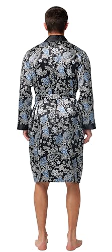 Image of TONY AND CANDICE Men's Satin Robe Lightweight Long Sleeve Silk Kimono Bathrobe with Shorts Set Sleepwear