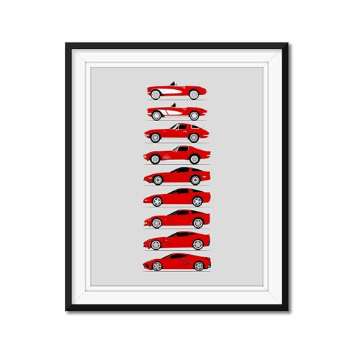 Idea Network Handmade Poster compatible with Chevy Corvette Generations (Side Profile) Print of Chevrolet (C1 C2 C3 C4 C5 C6 C7 C8) - Torch Red, 8x10