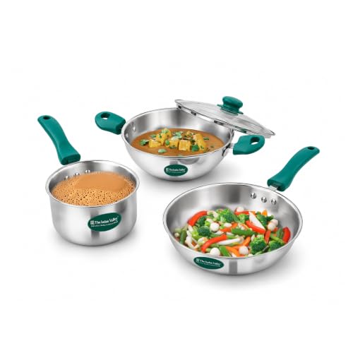 Image of The Indus Valley Triply Stainless Steel Cookware Set of 4 | Kadai 20cm with Glass Lid, Fry Pan 18cm & Saucepan 14cm | 100% Toxin-Free | Faster Cooking | Induction Compatible