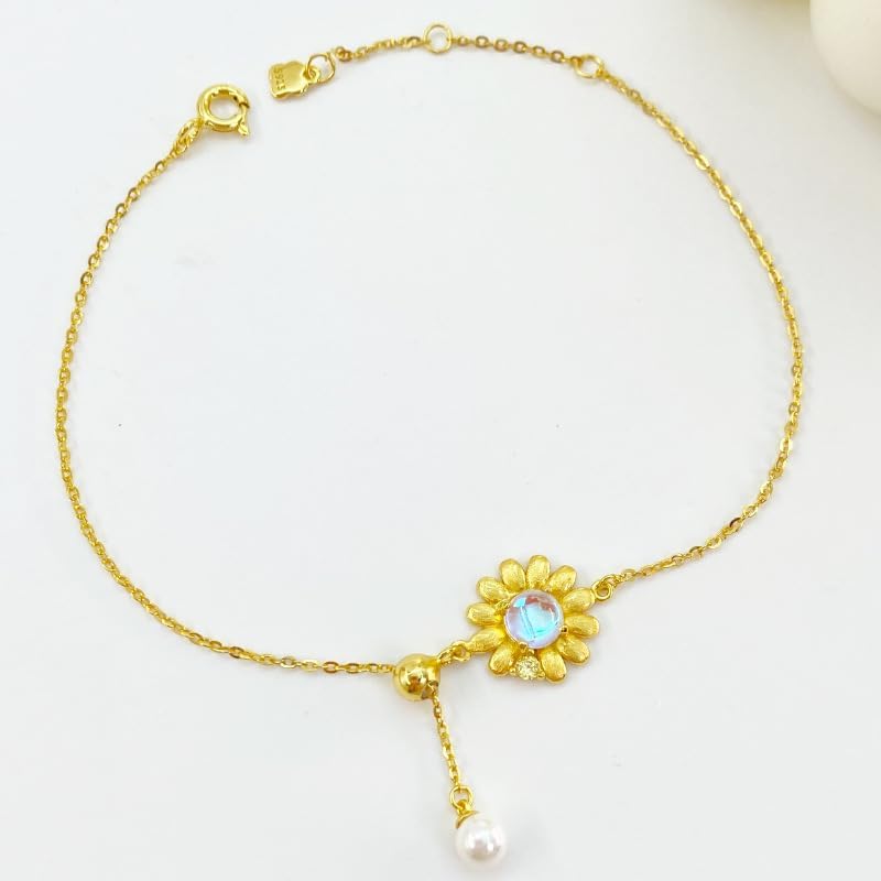 14K Gold Sunflower Bracelet, Moonstone and Pearl with Moissanite Accents Bracelet, Ideal Gift for Her - Image 5