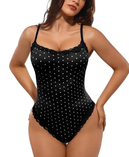 Image of Popilush Lace Body Suits Women - Square Neck Sleeveless Thong Bodysuit Tummy Conotrol Double Lined Camisole Tank Tops
