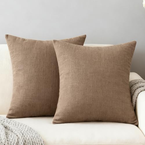 Velvaria Pack of 2 Linen Cushion Covers 45x45cm Light Coffee Throw Pillow Covers for Sofa Couch Bed - Breathable & Decorative