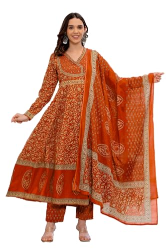 Image of Pistaa's Women's Pure Cotton Anarkali Floral Printed Hand Work Kurta with Pant & Dupatta Set