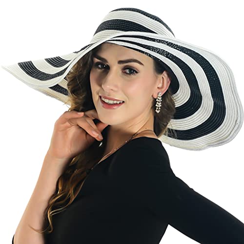 HISSHE Noble Straw Wide Brim Hat Floppy Beach Sunhat with White Brim (Black White Stripe)