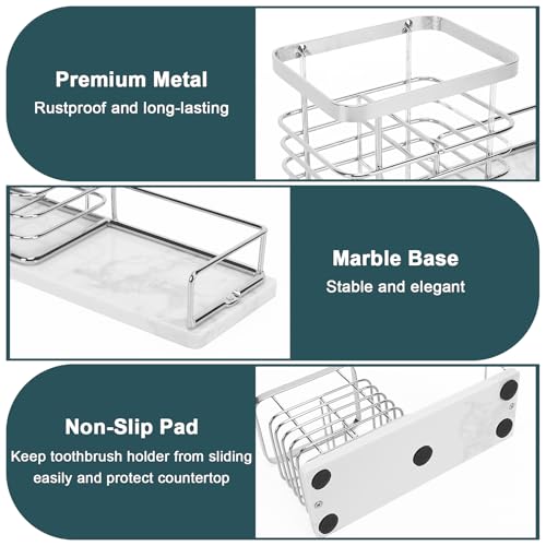 Image of Toothbrush Holder, Luxurious Metal Toothbrush Toothpaste Holder with Marble Base for Bathroom, Multi-Slots Openwork Design, Bathroom Accessory for Storage and Organizer (Large, Chrome)