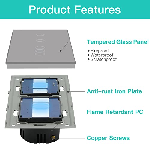 BSEED Dimmer Schalter Led Dimmer Touch Lichtschalter 1-fach 1 weg +2-fach 1 weg Glas Touch Schalter Grau Touchscreen-Funktioniert mit dimmer LED-Gl&uuml;hlampen
