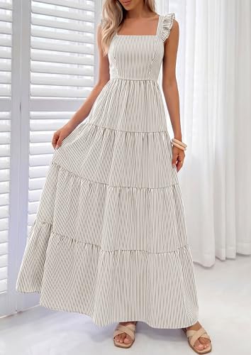 PRETTYGARDEN Womens 2026 Summer Casual Maxi Dresses Striped Square Neck Sleeveless Boho Flowy Sundress Beach Vacation Clothes (Brown,X-Small) — view 2