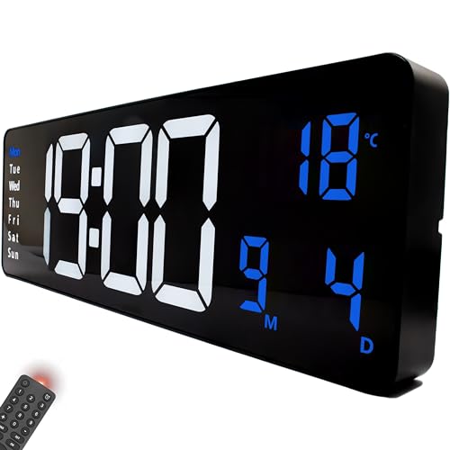 Opis Clock 1 XXL Blanco/Azul - Reloj Digital Pared Grande con Temperatura y LED - Reloj Pared Digital Grande para Cocina, Oficina, y Gimnasi