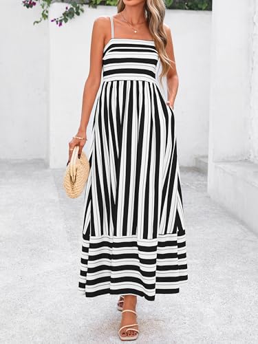Image of PRETTYGARDEN Women Summer Maxi Dresses 2026 Spaghetti Strap Boho Floral Striped Wedding Guest Beach Vacation Flowy Long Dress