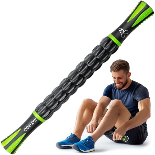 Rodillo muscular – Negro verde – Herramienta de masaje corporal con 9 rodillos y mangos antideslizantes para masaje de tejido profundo y máxima recuperación muscular – por Cozlow