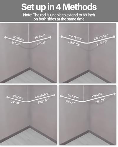 Miniatura 2 de Crkmire Barra Cortina Ducha Esquinera En Forma De L De 61-134,6 Cm X 61-134,6 Cm , Acero Inoxidable Sin Flacidez, Barra De Cortina Curvada Ajustable De 90 Grados Para Baño - Blanco