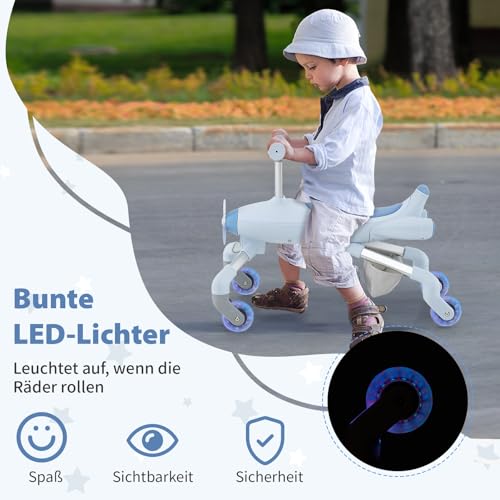 GOPLUS 2 in 1 Schiebeauto & Rutschauto, Dreirad mit verstellbarem Schiebegriff, LED Rädern & Korb hinten, Rutscherfahrzeug im Flugzeugmotiv für Kinder ab 18 Monaten, belastbar bis 50kg (Blau) – Bild 5