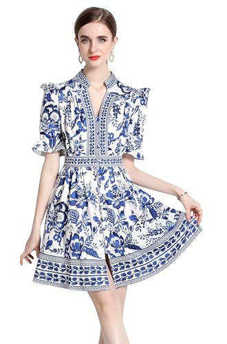 LAI MENG FIVE CATS Women's Button Up Short Puff Sleeve V-Neck Floral Print Split Casual Mini Dress2