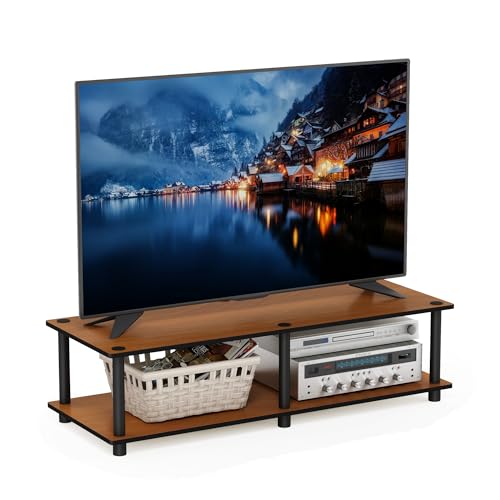 Image of Furinno JUST Toolless TV Stand, 2-Tier Wide Entertainment Center for TV up to 46 Inch, Open Shelf TV Console, for Living Room, Bedroom, Light Cherry