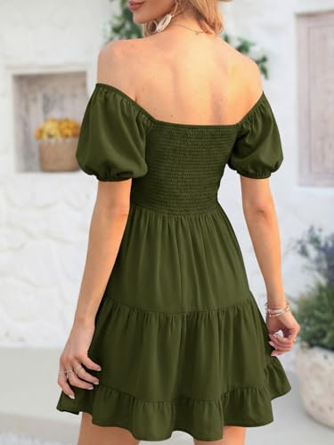 Image of Veatzaer Women's Puff Sleeve Square Neck Smocked Babydoll Dress Boho Floral Print Off Shoulder Ruffle Mini Short Dress
