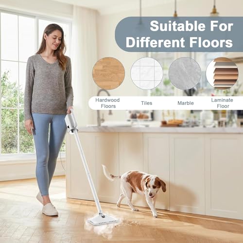 Image of 6-in-1 Steam Mop, 1200W Rotated Steam Cleaner for Home, 2 Modes, 400ML Removable Tank, 23FT Cord, 2 Washable Pads, Multi-Surface Steamer for Hard Floor, Laminate Floor, Tiles Cleaning (Pearl White)