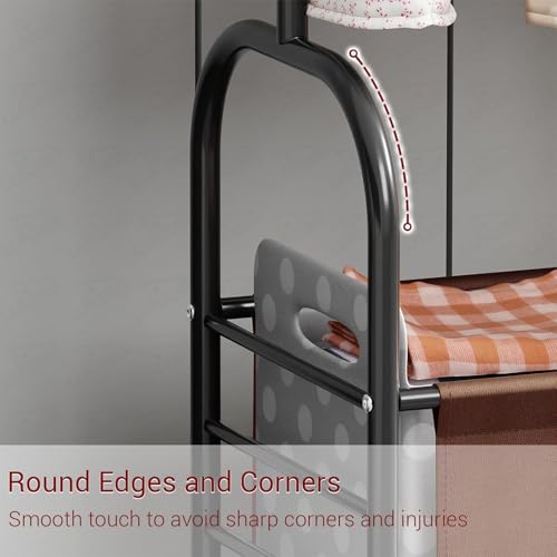 Image of Lukzer| MGR-009 | Black | Metal Clothes Rail Stand with 360 Rotating Wheels, 4 Side Hooks & Leather Storage Bin - Space-Saving Garment Organizer for Bedroom, Closet, Laundry & Dorm (171 x 75 x 35 cm)