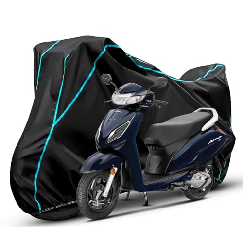 Image of Waterproof Bike Body Cover Compatible with Honda Activa 6g Dustproof Scratchproof - Motorcycle Cover for Two Wheeler, Outdoor Full Cover with UV, Duty, Rain Protection (Black & Aqua)