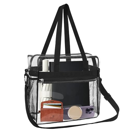 OWINUSTECH ClearTotebag aprovada para estádios, bolsa transparente de 30 x 30 x 15 cm para eventos de estádio, bolsa transparente para concertos, Preto, 12 x 6 x 12 inches