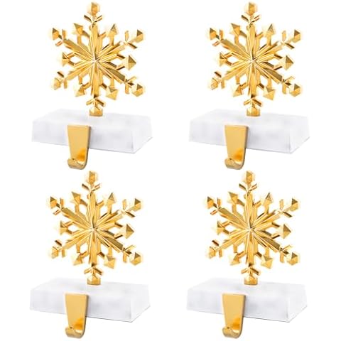 DOYOLLA Snowflake Christmas Stocking Holders Set of 4 Gold, Xmas Stocking Holders for Mantle, Mantel Fireplace Topper Stand Hooks, Stockings Hangers Cover