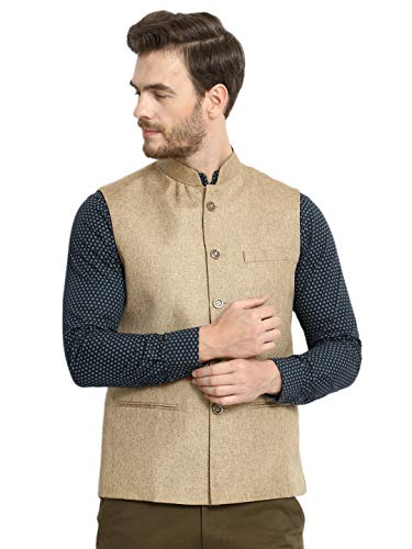 Image of Vastraa Fusion Men's Solid Nehru Jacket (VS0465-46 Mustard 3XL)