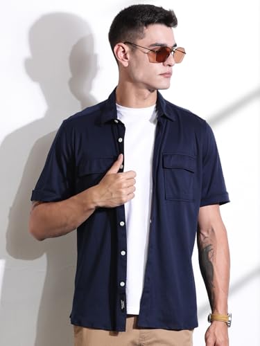 Image of Thomas Scott Men's | Solid | Half Sleeve | Slim Fit | Cotton Blend | Double Flap Pocket | Spread Collar | Casual Shirt