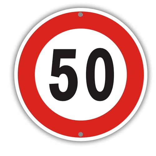 Felexdo Máxima velocidad 50 km, 30 cm de diámetro, señal de tráfico de aluminio, reflectante, resistente a la intemperie, fácil instalación para exteriores