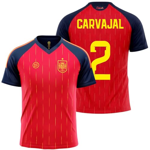 Camiseta Seleccion Española Mundial 2026-2028 Replica Oficial | CARVAJAL #2 | Diseño auténtico | Tejido técnico Transpirable | Corte cómodo | Mangas Azul Marino | Escudo Bordado