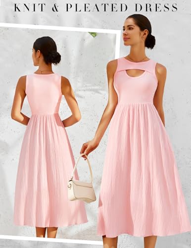 Image of BeryLove Casual Midi Tank Dress Summer Ribbed Knit Pleated Dresses with Pockets