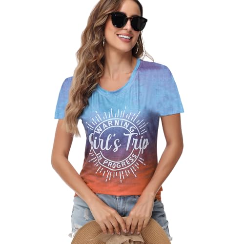 Image of Women's Casual Warning Girls Trip in Progress T-Shirt Casual Crewneck Short Sleeve Graphic Tee