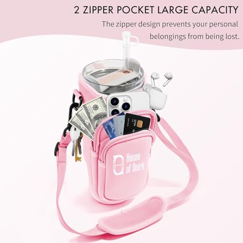 Image of House of Quirk Water Bottle Carrier Bag with Phone Pocket for Stanley 40 /30 oz Tumbler Neoprene Water Bottle Holder Pouch with Adjustable Strap (Purple)